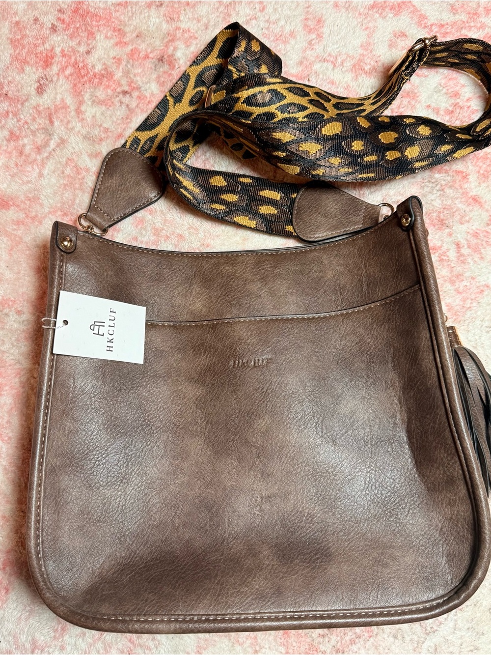 Brown Leather Crossbody Bag with Leopard Strap